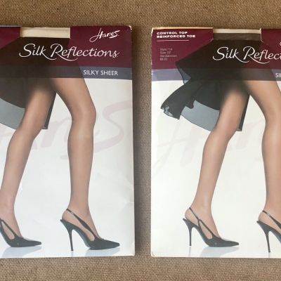 Hanes Silk Reflections Control Top Pantyhose x2 Size EF Silky Sheer Pearl Brown