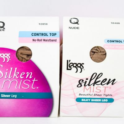 2 L'eggs Silken Mist Silky Sheer Leg Control Top No Roll Waistband NUDE Size Q