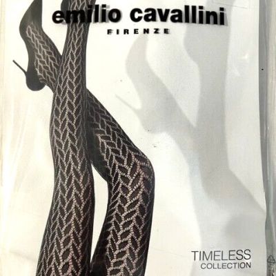 New EMILIO CAVALLINI Blk Herringbone Lace Tights Pantyhose Hosiery sz M/L Italy