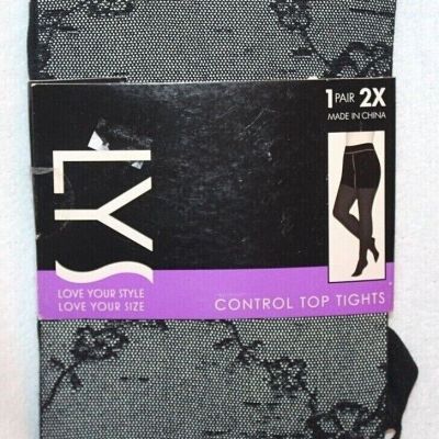 LYS Love Your Style Black Floral Pattern Control Top Tights - Plus Size 2X or 3X