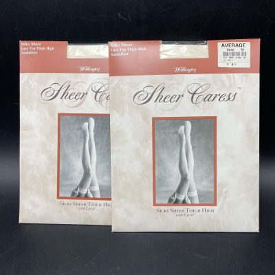 2 Pair Thigh High Hose Lace Top Stockings  Sheer Caress Silky Sz Average Bone US