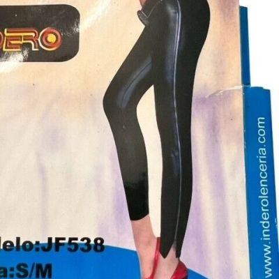 NWT Indero Black Shiny Faux Leather Zipper Leggings JF538 Small Medium BIKER