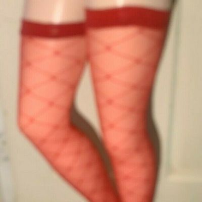 5 pr Thigh High Stockings -ONE SIZE- Red Sheer Diamond, elastic band-Samples