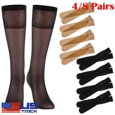 Womens Knee High Nylon Hose Socks Jet Black Stretchy Sheers Stockings 4/8Pairs
