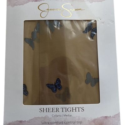 Jessica Simpson Sheer Tights Nude Blue Butterflies Sz CD Pantyhose One Pair New