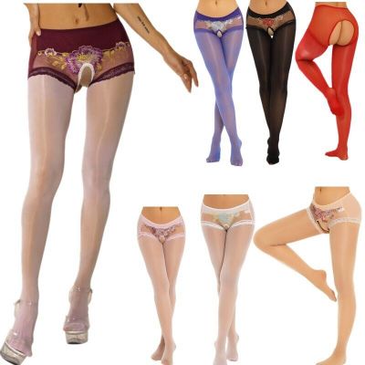 US Womens See Through Pantyhose Lace Patterm Mid Waist Crotchless Footed Tights