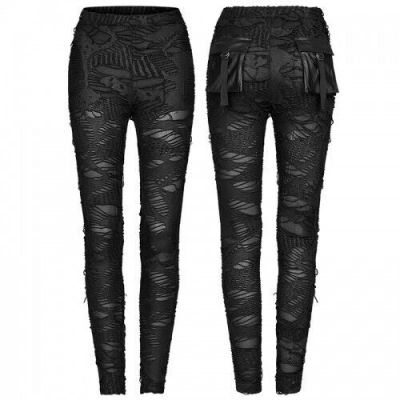 Punk Rave Gothic Ragged Leggings Pockets Shredded Distressed Black Emo Clubwear