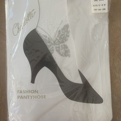 Charlotte White with Silver Butterfly on Ankle Fashion Pantyhose One Size NWT