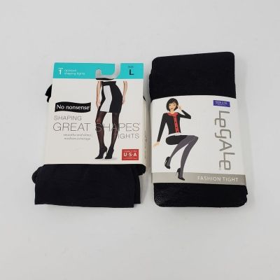 NWT SET OF 2 BLACK FASHION TIGHTS LEGALE & GREAT SHAPES SHAPING TIGHTS WOMEN L
