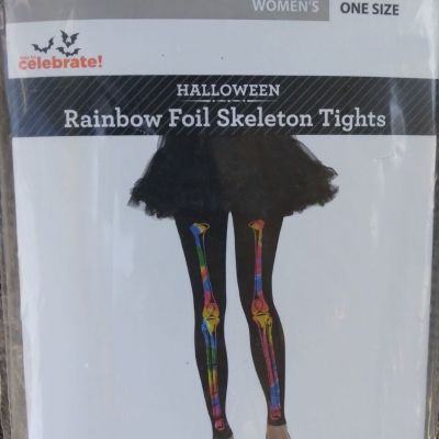 NEW Black w/ Rainbow Foil Skeleton Print Footless Tights CY21104 Adult One Size