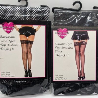 Music Legs Black Fishnet and Sheer Thigh Hi  Stockings Lace Top Sexy Lot of 2