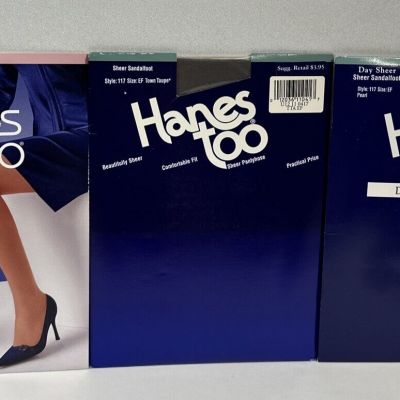 3pr Hanes Too Sheer Pantyhose-Size EF (2)Pearl (1)Town Taupe Made in USA
