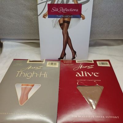 3 Hanes Alive PANTYHOSE Control Top Support THIGH HIGHS Petite AB B Sheer READ