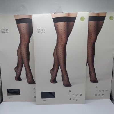 x 3 Pairs Women's Sheer Square Dot Thigh Highs - A New Day Black M/L