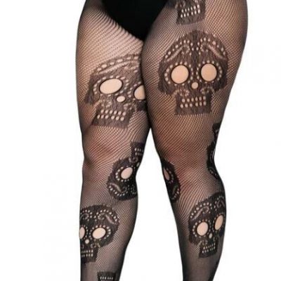Leg Avenue Plus Size Black Sugar Skull Gothic Fishnet Pantyhose Tights