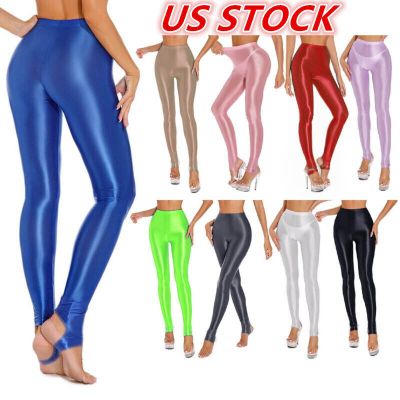 US Women's High Waist Oil Glossy Stirrup Workout Yoga Pants Tummy Control Tights