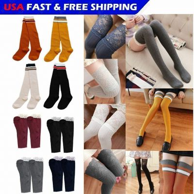 Womens Girl Cable Knit Long Stripe Socks Over Knee Thigh High School Stocking