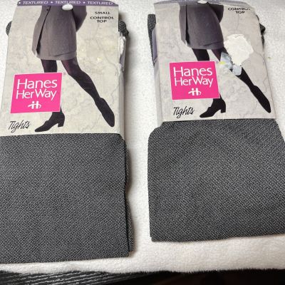 Hanes Her Way Small Control Top Tights Grey Textured Vintage Lot 2 pair New