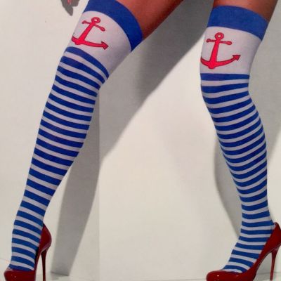 Fever Hosiery opaque blue white striped hold-ups thigh highs red anchor o/s NIB