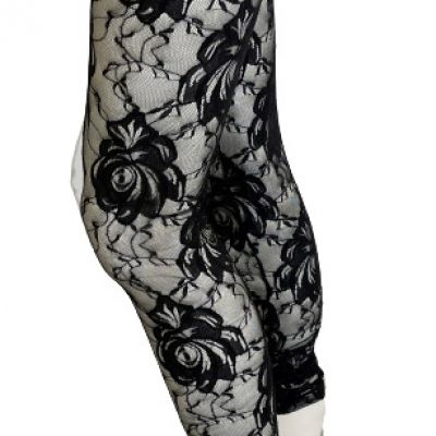 S - Sheer Black Lace Leggings, Cutout Lace Rose Stretch 24