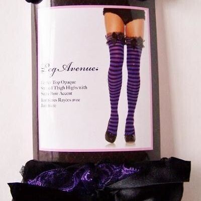 GARTER TOP THIGH HI STOCKINGS OPAQUE STRIPE SATIN BOW PURPLE BLACK FREE SHIPPING