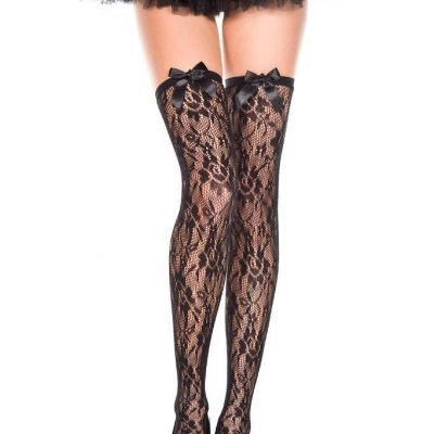 sexy MUSIC LEGS sheer FLORAL lace SATIN bow TOP thigh HIGHS hi STOCKINGS nylons
