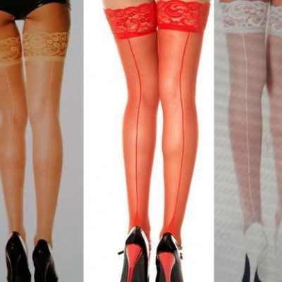 Music Legs Thigh High Stockings Lace Topper Plus Backseam White Beige Red 4119
