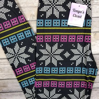 Multi Color Bright Lite Snowflake Leggings Holiday Print Butter Soft ONE SIZE OS