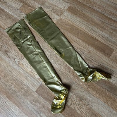 Gold WetLook Stockings Thigh High Faux Leather PU Metallic Leg Leggings Shiny