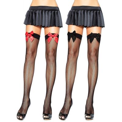 Fishnet Thigh Highs with Satin Bows Costume Stockings Adult Halloween Hosiery