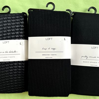 ANN TAYLOR LOFT TIGHTS (SET OF 3: HOUNDSTOOTH, RIBBED, + OPAQUE):NWT BLACK L