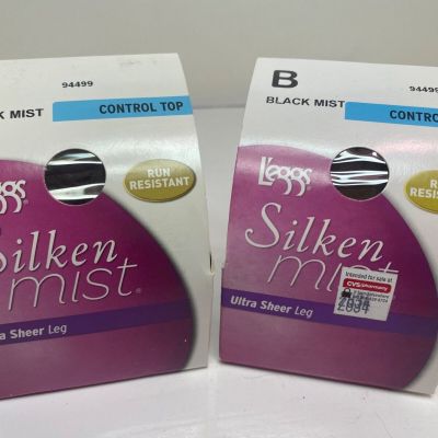 (2)L'eggs Silken Mist Run Resistant Control Top Tights/Hosiery Black Mist Medium