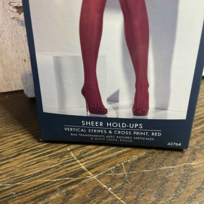 Fever Womens Sheer Hold-Ups with Vertical Stripes, Red with White Cross