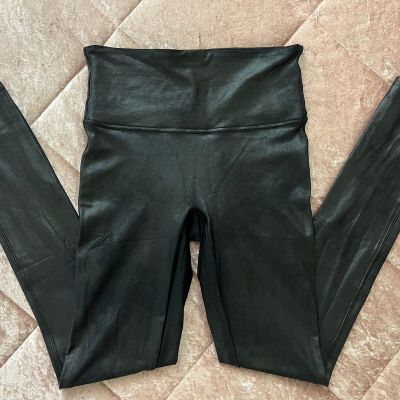 SPANX Black Faux Leather Leggings Shiny Coated Women's Size MediumAthleisure