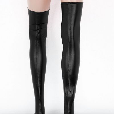 Women Wet Look Leather Thigh High Latex Rubber Spandex Stay Up Lingerie Stocking