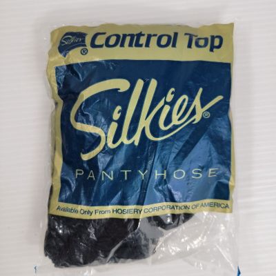 Silkies Jet Black Large Control Top Pantyhose Vintage New Sealed Style 144