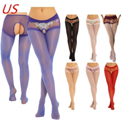 US Women Glossy Pantyhose Thigh High Stockings Lace Sheer Crotchless Silk Tights
