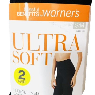 Warner's Misses S/M Ultra Soft (2) Pair Fleece Lined Black Footless Tights-NIP