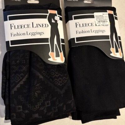Women's L/XL Black Fleece Lined Fashion Leggings 2 Pr. Pattern and Solid NEW