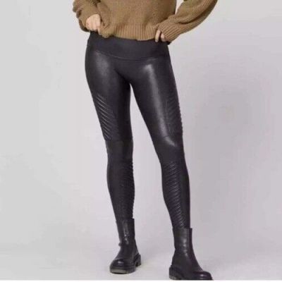 SPANX Faux Leather Moto Leggings Very Black Shaping Skinny Bikercore Pants Sz M