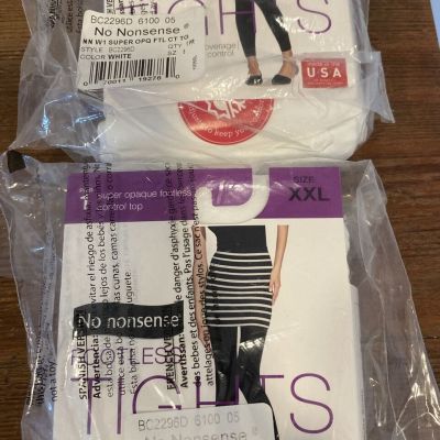 Two Pair No Nonsense Footless Tights, Super Opaque White Sz XXL New Sealed Packs