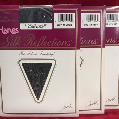3 Pairs Hanes Silk Reflections Pantyhose Barely Black Silky Sheer Style 715  CD