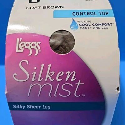 New L'eggs Silken Mist Control Top Pantyhose Soft Brown Sheer Toe Size B+free ??