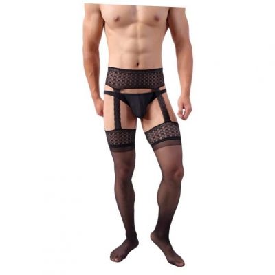 Mens Lingerie Suspender Pantyhose Lace Top Garter Belt Thigh Stocking Black