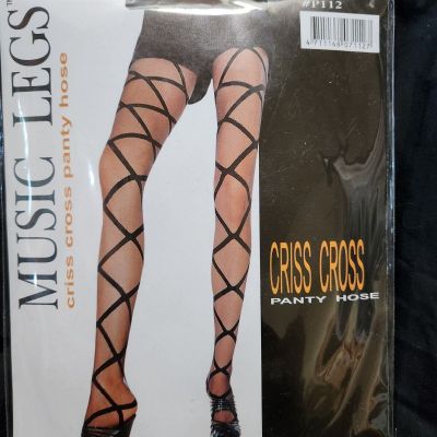 MUSIC LEGS BLACK CRISS CROSS PANTY HOSE FESTIVAL PARTY COSTUME ONE SIZE NEW BOLD