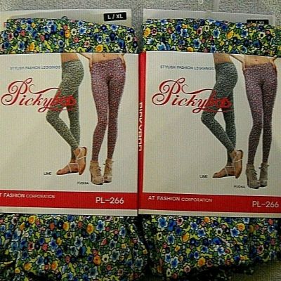 Lot of 2 Womens  Pickyboo Stylish Fashion Leggings L / XL Lime Damaged Package