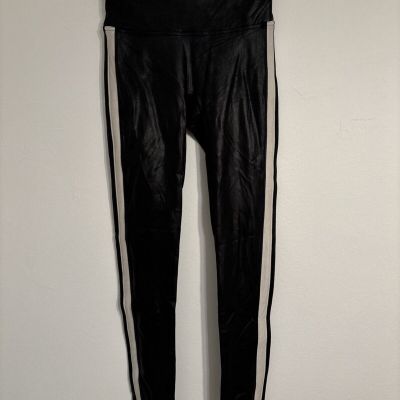 SPANX Black Faux Leather Leggings with White Side Stripe Women’s Sz Small