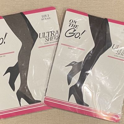 2 PAIRS On the Go! Pantyhose Size 3 Off Black Sheer Nylons  - VINTAGE USA