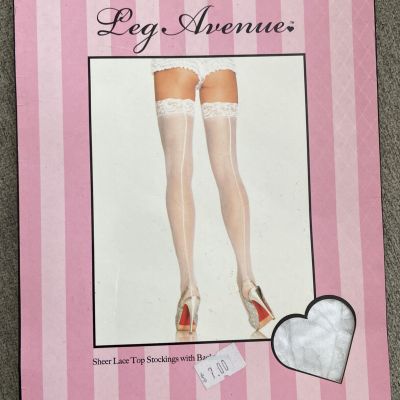 Leg Avenue Sheer White Lace Top Stockings with Backseam 90-160 Lbs Style 1101