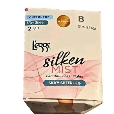 2-Pair ~ L'eggs Silken Mist ~ Sheer Leg ~ SUN BEIGE ~ Size B Medium ~ Tights